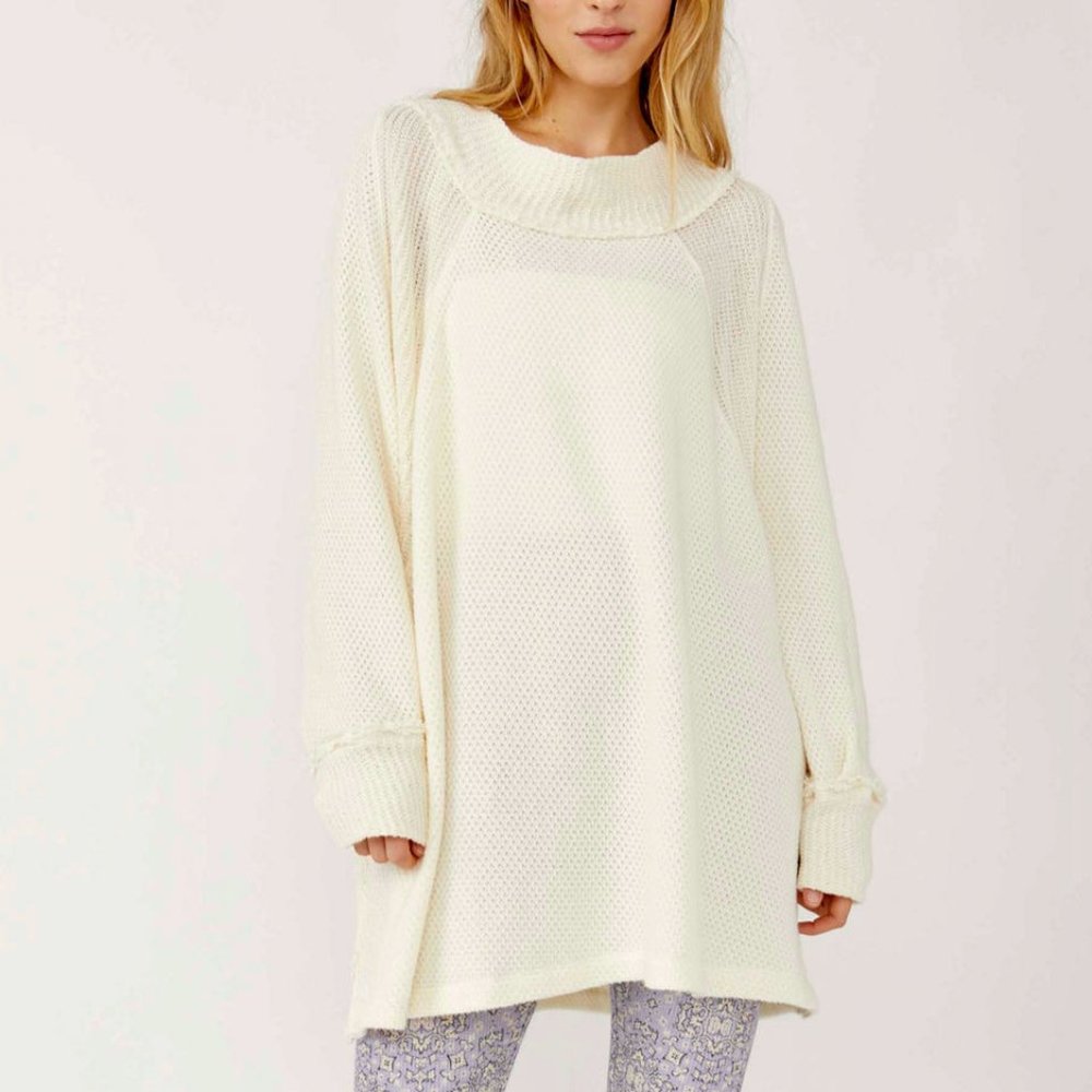 We The Free Shes A Keeper Tunic Sweater Long Sleeve Mock Neck Waffle Knit Ivory
